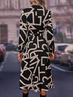 Geo Print Button Front Dress, Elegant Long Sleeve Belted Dress For Spring & Fall, Women's Clothing Button-up Dress For Workwear, Trendy Long Sleeve Dress With Button Closure, Non-stretch Collared Dress For Fall, Trendy Black Button-up Dress, Dress Elegant Long, Dress For Spring, Button Front Dress, Geo Print, Dress Elegant