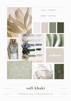 the soft khaki color palette is shown in shades of green, beige and white