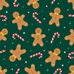 seamless christmas pattern with gingerbreads and candy canes on dark green background