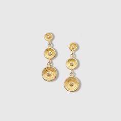 "Circle of Life, Disc, Cup Triple Dangle Earrings with Diamond Detail, 24kt Gold by Prehistoric Works of Istanbul, Turkey. Total length: 29mm (1.1\"),  24kt gold - 4.80 g, diamonds - 0.06 ct Reminiscent of luxury, success, achievement, triumph, royalty, and fortune, the color Gold is named after the precious metal of the same name. The meaning of the color Gold is multifaceted, often denoting generosity and compassion, as well as being synonymous with divinity and power in many religious setting Anniversary Yellow Gold Linear Earrings, Gold Linear Earrings With Polished Finish As Gift, 22k Yellow Gold Hammered Earrings, Luxury Hammered Gold Earrings, Gold Polished Linear Drop Earrings, Hammered Yellow Gold-plated Earrings, Elegant Hammered 22k Gold Earrings, Hammered Yellow Gold Drop Earrings, Luxury Hammered Drop Earrings