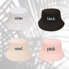 These customizable, simplistic embroidered bucket hats make the PERFECT gift for the bride that doesn't like a tacky bachelorette party! Not going to a bachelorette party?! You can buy single bucket hats with your initial without buying for a big group! -BRIDE and initial embroidery are 1" tall-Material: Polyester-One Size Initial Embroidery, Embroidered Bucket Hat, Bucket Hat White, Gift For The Bride, Big Group, Black Sand, Bucket Hats, Hat Making, Bride Gifts