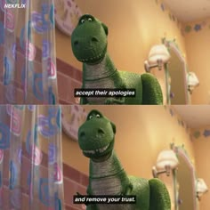 the good dinosaur is looking at himself in the mirror and saying, accept their apologies and remove your trust