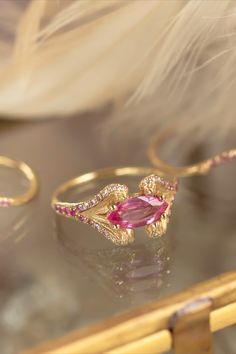 Magenta Pink Sapphire Ring Fine Art Brushstroke Texture in 14K Gold Jewelry Antique Dainty Ring Gold Jewelry Antique, Marquise Sapphire, Pink Sapphire Ring, Jewelry Antique, Magenta Pink, Antique Decor, Recycled Gold, Jewelry Inspo, Dainty Ring