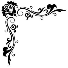 a black and white floral design with swirls on the corner, in an ornate manner