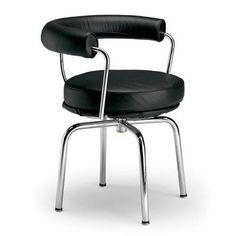 an office chair with black leather upholstered seat and chrome frame legs, viewed from the front