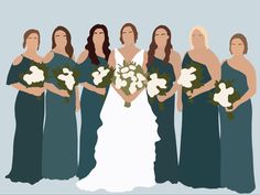 a group of women standing next to each other holding bouquets