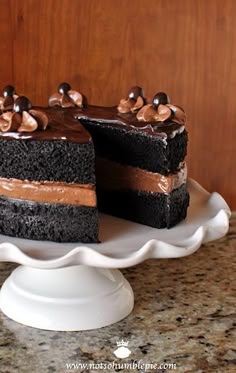 a chocolate cake with one slice cut out on a plate