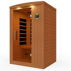 a sauna is shown with its door open and the light on in front of it