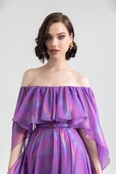 Description Purple A-line, Long dress Cape shape, Short Sleeves Off shoulder Chiffon Dry Clean Evening Dress Made in Lebanon EDR23 1809LD Pleated Bodice, Cape Dress, Purple Dress, Chiffon Dress, Dress Making, Bodice, Long Dress, Off Shoulder, Evening Dresses