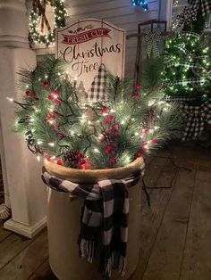 a christmas tree in a pot with lights on the top and plaid scarf around it