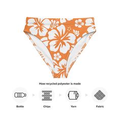 Turn heads at the beach with our orange and white hibiscus flowers on white high waisted bikini bottom. These bold and playful flowers will make a statement while providing the perfect fit to flatter your figure. Enjoy comfort and style all in one! Bathing suit bottom is comfortable, high-waisted, and double-layered. • Double-layered and non-reversible • Tear-away care label • Zig-zag stitching *Swimsuit top only and two piece set with this design are listed and sold separately. This product is White Tropical Print Beach Bottoms, White Tropical Print Bottoms For Beach Season, White Surfing Swimwear For Vacation, Summer High Waist Orange Swimwear, Orange Tropical Swimwear With Floral Print, Orange Printed Beach Bottoms, White Tropical High Waist Swimwear, White Tropical High-waist Swimwear, Tropical Style White High Waist Bottoms