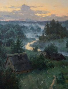 an oil painting of a house in the middle of a field with fog and trees