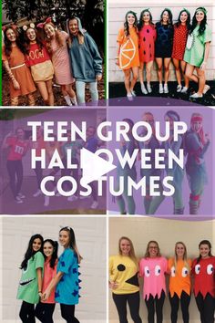 teen group halloween costumes with text overlay