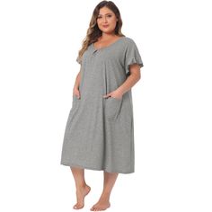 Made of soft and comfortable fabric, this long nightgown is suitable for family pajama parties, everyday, out shopping, midnight and more. The ruffle sleeved design has an elegant feel, a comfortable loose fit and convenient front pockets. It can also be given as a gift to your girlfriend, friend, daughter or mother. Designed specifically for plus size women and designed to provide comfortable clothing for plus size girls and hope to provide you with a good shopping experience. Summer Nightgown With Relaxed Fit For Overnight, Relaxed Fit Nightgown For Summer Nights, Summer Nightgown With Relaxed Fit, Relaxed Fit Nightgown For Summer, Comfortable Relaxed Fit Nightgown For Bedtime, Comfortable Spring Nightgown For Overnight, Casual V-neck Nightgown For Pajama Party, Comfortable Summer Nightgown For Overnight, Gray Relaxed Fit Sleepwear