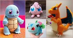 crocheted stuffed animals are shown in four different pictures