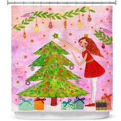 a girl decorating a christmas tree shower curtain