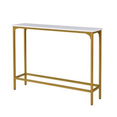 a white marble top console table with gold frame and metal legs, against a white background