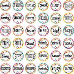 the words in different colors and sizes are shown with polka dot circles on white background