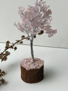 a small tree that is sitting on top of a stump with pink crystals in it