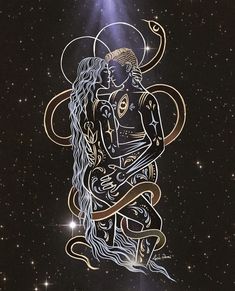 an image of a woman with long hair holding a snake in her hand and surrounded by stars