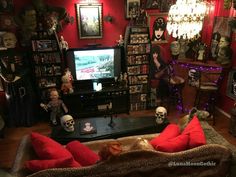 a living room filled with lots of halloween decorations