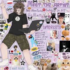 an image of a woman with cats and other things on her lap top, surrounded by stickers