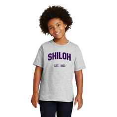 This Children's Day 2024 Edition Shiloh t-shirt has short sleeves and purple print on the gray youth size tee.  This shirt has the church name SHILOH  printed on the front and the logo for Shiloh Baptist Church of Alexandria VA printed on the back.  Sizes available include youth sizes Youth XS-YouthXL.  This shirt is also available in adult unisex sizes Small, M, L, XL, 2X, 3X, 4X, and 5X. Please allow 7-10 days from the time of payment for processing, completion and delivery of your order directly to you. Purple Short Sleeve T-shirt For School Spirit, Alexandria Va, Children's Day, Baptist Church, Child Day, The Church, 10 Days, Favorite Outfit, Gender Neutral