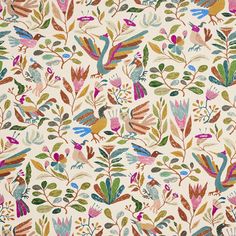 an intricately designed wallpaper with colorful birds and leaves on white background, in various colors