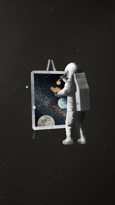 an astronaut is looking at the stars in the sky and holding a piece of paper