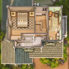 an overhead view of a house with the bedroom and living room in one floor, kitchen on the other