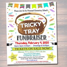 a flyer for the tricky tray fundraiser on friday, feb 4, with an image of a basket