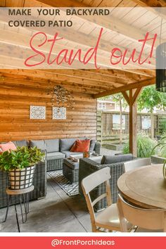 an outdoor covered patio with furniture and potted plants on the table in front of it