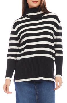 An ultrawide hem and elongated cuffs refresh the proportions of this wool-kissed turtleneck sweater streaked with bold horizontal stripes. 27" length (size Medium) Turtleneck Long sleeves Dropped shoulders Ribbed cuffs and hem 50% recycled polyester, 29% nylon, 15% polyester, 6% wool Dry clean Imported Winter Sweater With Striped Hem And Long Sleeves, Knit Tops With Striped Cuffs For Winter, Knit Tops With Striped Hem For Winter, Chic Sweater With Contrast Stripes For Winter, Winter Knit Tops With Striped Hem, Casual Striped Turtleneck For Fall, Knit Sweater With Horizontal Stripes For Layering, Winter Knit Tops With Striped Cuffs, Winter Knit Top With Striped Hem