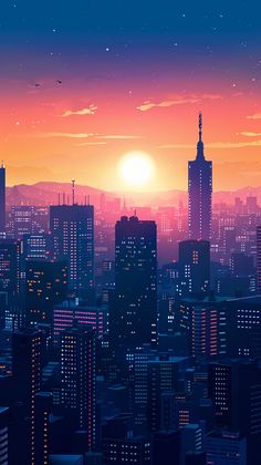 the sun is setting over a city with tall buildings