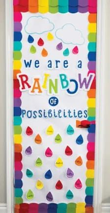 we are a rainbow of possibilities bulletin board on the front door for kids to use