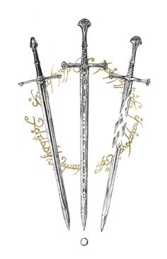 three swords with writing on them are in the shape of a cross, and there is no image to describe