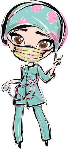 a drawing of a woman in scrubs with a medical mask on her face and hands