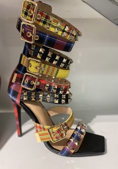 Luxury Multicolor High Heel Boots, Luxury Multicolor Leather Shoes, Luxury Bold 4-inch Heels, Gold Heart Boots, Luxury Glamorous Multicolor Heels, Luxury Multicolor Platform Heels, Luxury Multicolor Heels With Sculpted Heel, Luxury Multicolor Heels With Removable Insole, Multicolor Ankle Strap Heels With Buckle Closure