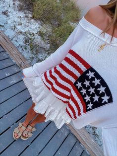 Show your patriotic pride in the Land of Free White Oversized Flag Sweater! White knit fabric forms a boat neck sweater that can be worn or slouchy off-the-shoulder. Preppy flag sweater with oversized bodice with drop shoulders and long sleeves. Features alternate crochet knit with American flag design. Style over your favorite jeans for an effortlessly cute and casual look! DETAILS & FIT 100% Cotton. Machine Wash Cold. Imported. ORDERS, SHIPPING & RETURNS Orders, Shipping, & Returns . Mccall Mitchell, Preppy Chic Outfits, Preppy Pullover, Flag Sweater, Boat Neck Sweater, American Flag Sweater, American Flag Design, Friday Outfit, Preppy Sweater