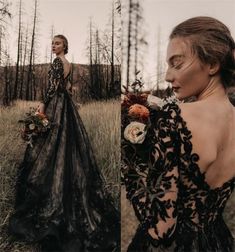 a woman wearing a black dress standing in a field