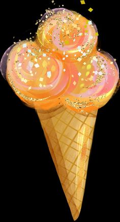 an ice cream cone with pink and yellow swirls on it's top, surrounded by confetti sprinkles