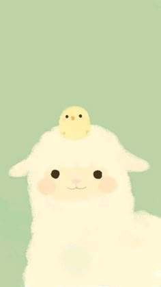 a white sheep with a yellow bird on its head is standing in front of a green background