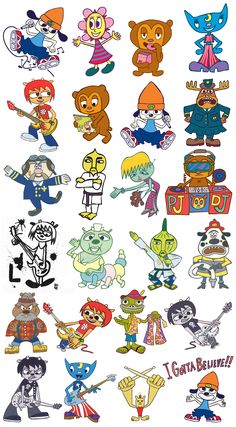 various cartoon characters are shown in this image