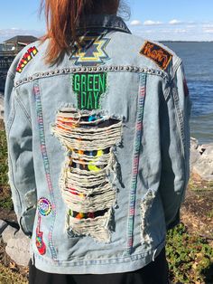 1990's Rock n Roll Classic Jean Jacket. Size Womens Large.  Patch Work. Green Day. Ozzy Osbourne. Dome Studded. Hand Embroidered. Spring Rock Outerwear For Streetwear, Spring Rock Style Streetwear Outerwear, Rock Style Spring Outerwear For Streetwear, Rock Style Fall Festival Outerwear, Alternative Style Outerwear For Concerts In Spring, Alternative Style Outerwear For Spring Concert, Alternative Spring Outerwear For Concerts, Grunge Spring Outerwear For Concert, Grunge Outerwear For Fall Festival