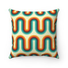 Retro 60s 70s Waves Mid Century Mod Orange & Blue Pillow | lovevisionkarma.com 70s Waves, Mid Century Modern Pillows, Retro Throw Pillows, Suede Pillows, Get Funky, Abstract Geometric Shapes, Boomerangs, Retro Mid Century Modern, Blue Pillow