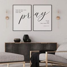 two black and white prints with the words pray on them