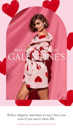 a valentine's day ad featuring a woman in a dress with hearts on it