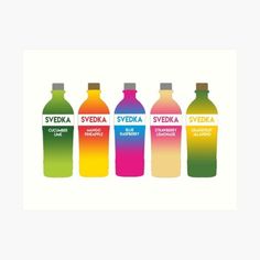 six different colored bottles with the same label on them, all labeled in rainbow colors