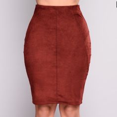 Never Worn Without Tags Rust-Colored Faux Suede Pencil Skirt With Zipper Detailing On The Back Reaches The Knee High-Waisted A Nice Fall Staple Along With Calf-Length Booties Red Non-stretch Mini Skirt, Non-stretch Red Mini Skirt, Red Knee-length Bottoms For Fall, Chic Red Knee-length Mini Skirt, Fall Solid Color Pencil Skirt, Red Knee-length Bottoms For Night Out, Red Midi Skirt For Night Out, Red Midi Skirt For Fall, Trendy Red Knee-length Skirt