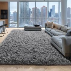 a living room with a large rug and couches in front of a window overlooking the city